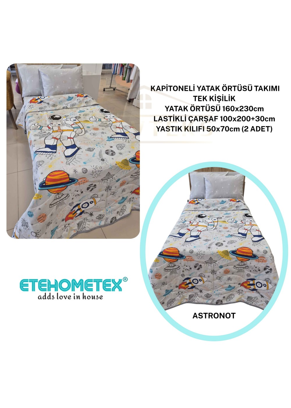 ETEHOMETEX Pamuklu Kapitoneli Yatak Örtüsü TAKIMI TEK KİŞİLİK ASTRANOT 8696474232128